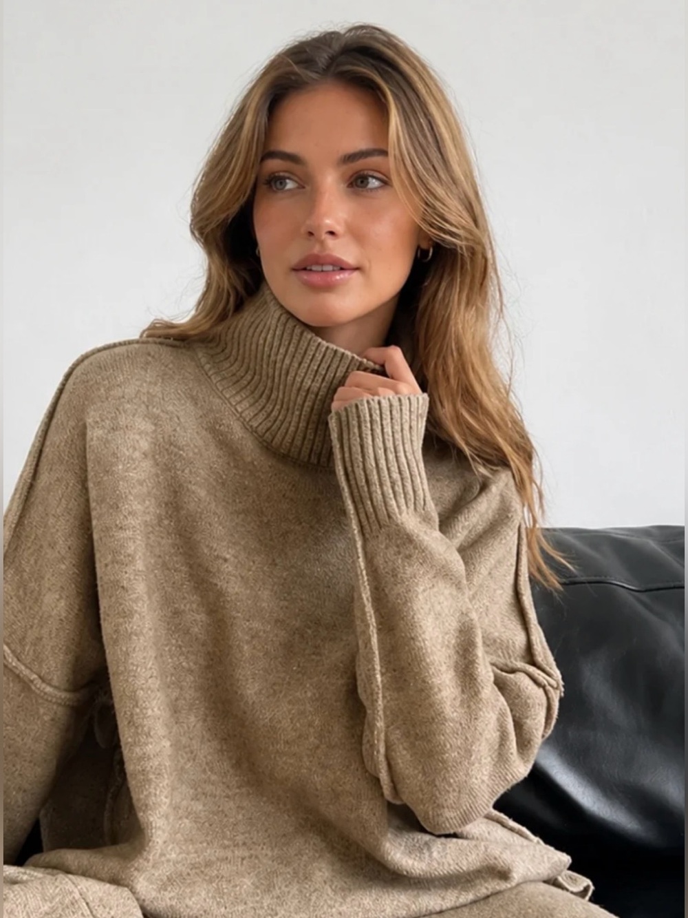 Commense Oversized Camel Turtleneck Sweater - Soft Knit Pullover Size S - Picture 3 of 10